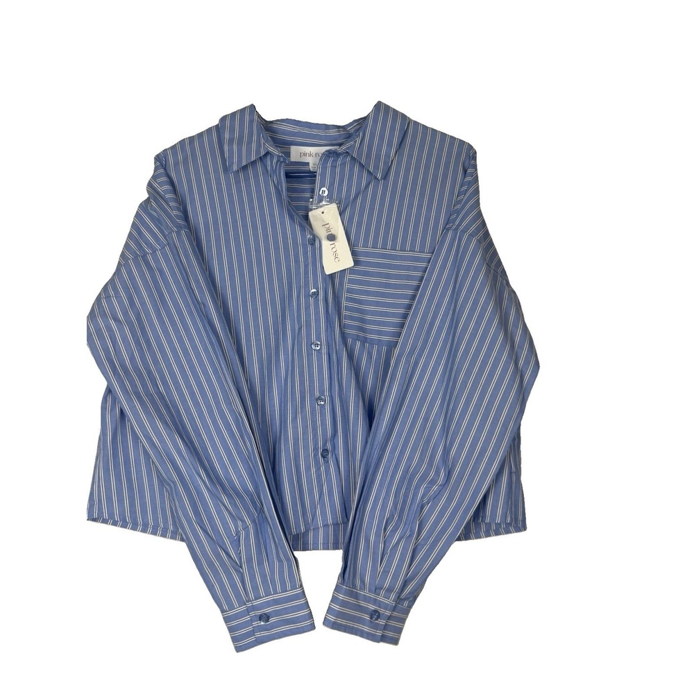 NWT Pink Rose Women's XL Blue White Striped Button Front Cotton Shirt Pocket Top
